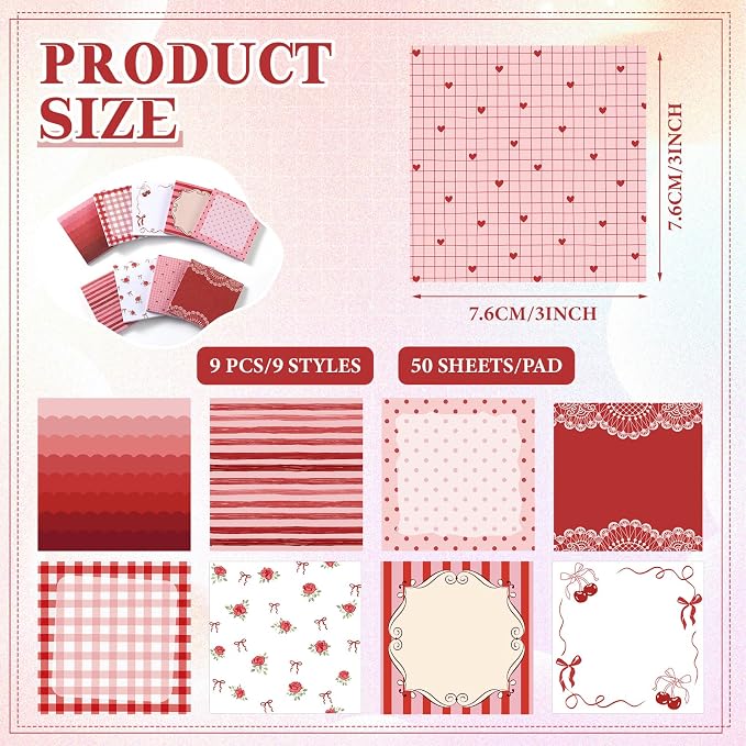 9 Pcs Aesthetic Sticky Notes Cute Pastel Self Stick Notepads Easy to Post Desk Supplies for Home Office Decor School Accessories Women Birthday Coworker Gifts(Red)