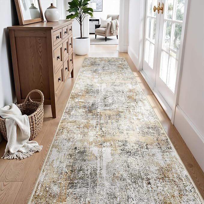 Rug Runners for Hallways Non Slip - 3X10 Washable Kitchen Runner Rug with Rubber Backing | Modern Abstract Wide Floor Carpet Runner for Indoor Entryway, Bedroom, Living Room (Gold Grey)