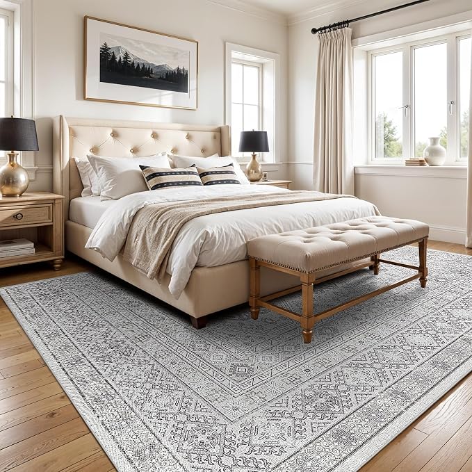 6x9 Area Rugs for Living Room:Washable Oriental Rug for Bedroom Dining Room Carpet 6 by 9 Indoor Non Slip Rubber Backing Neutral Nursery Dorm Home Office Kids Beige (Grey, 6x9)