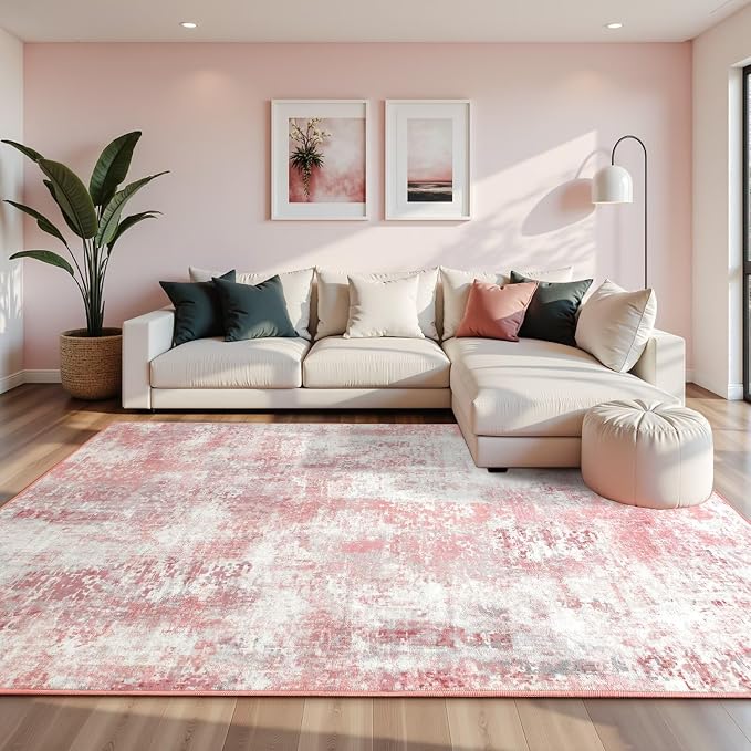 Macgace Washable Abstract Rug, 6x9 Modern Area Rugs with Non-Slip Rubber Backed for Living Room, Thin but Soft Contemporary Carpet Kitchen Bedroom Dining Room Decor, Pink