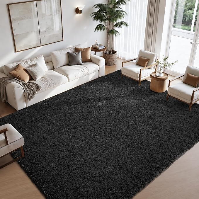 Zentavio Black Area Rugs for Living Room Bedroom 5x8 Large Men Room Carpet Fluffy Furry Shag Aesthetic Plush High Pile Floor Rug for Nursery Kids Room Dorm Home Decor