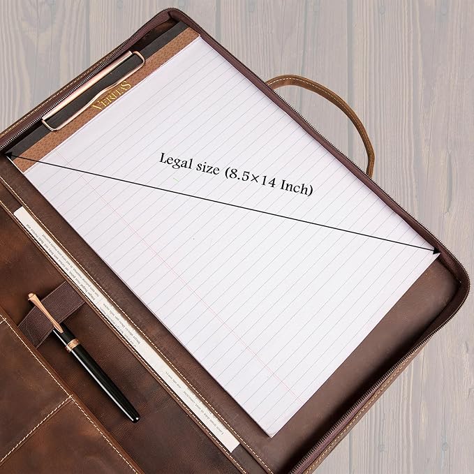 Genuine Leather Portfolio, Padfolio Organizer with Handle, Personalized Padfolios，Padfolios with Zipper for Men Women，Suitable for 15-inch Laptop Legal Pad Padfolio, Dark Khaki