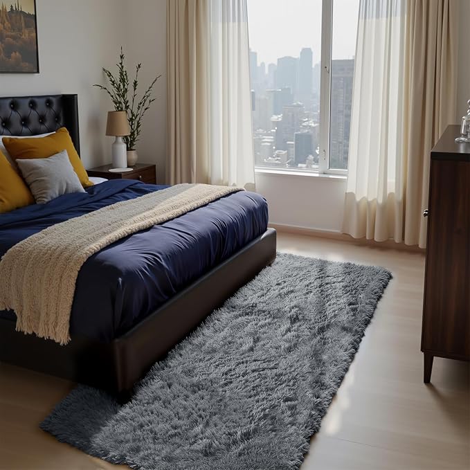Soft Runner Rugs for Bedroom, Grey 3x7 Area Rugs Fluffy Rug Shag Area Rug Carpet, Bedside Rug for Living Room Bedroom Room Home Decor