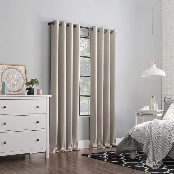 Sun Zero Nordic 2-pack Theater Grade Extreme Total Blackout Grommet Curtain Panel Pair, 52" x 63", Stone (Pack of 1)