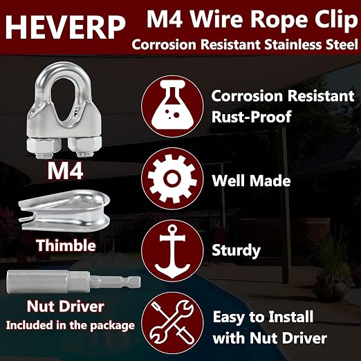 12PCS M4 3/16 Inches Stainless Steel Wire Rope Clips,6PCS Thimbles | Corrosion resistant,antirust,easy to install with 1 nut driver