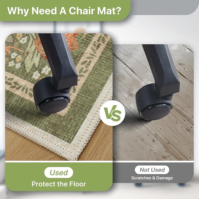 48"x60" Office Chair Mat for Hardwood Tile Floor, Under Desk Carpet Protector for Rolling Computer Chair Mat, Machine Washable Area Rug, Anti-Slip 1/5" Thick Low Pile Thin Vinyl Floor Mat, Sage Green