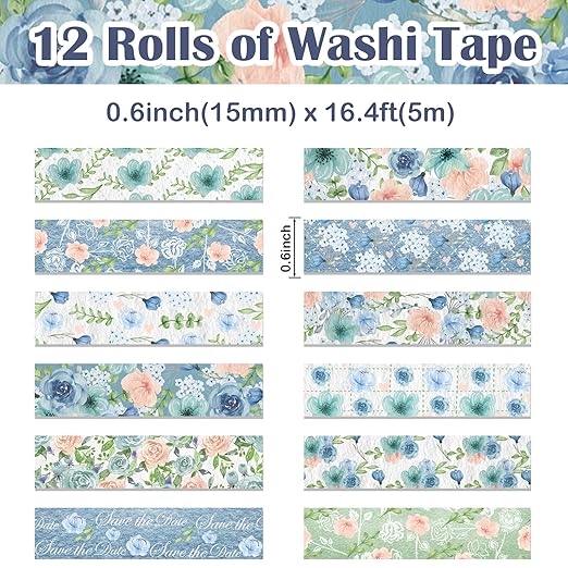 12 Rolls Floral Washi Tape, Blue Rose Flower Masking Tape, Spring Vintage Blue Pink Floral Decorative Tapes for DIY Craft Scrapbooking Journals Planners Gift Wrapping Birthday Party Decor 16.4FT