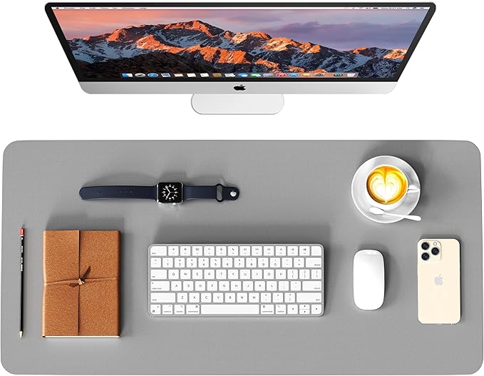 WAYBER Leather Desk Pad Protector, Waterproof Mouse Pad, PU Desk Mat, Office Desk Cover, Desk Writing Mat for Office/Home/Work/Cubicle (Gray/Silver) 35.4x17in