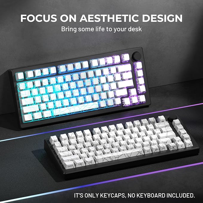 x XVX Shine Through Keycaps w/IMD Tech, Custom Spider Web Keycaps 60 75 100 Percent, White Key Cap Set Lines Backlit, OEM Profile Side Printed for Keyboards