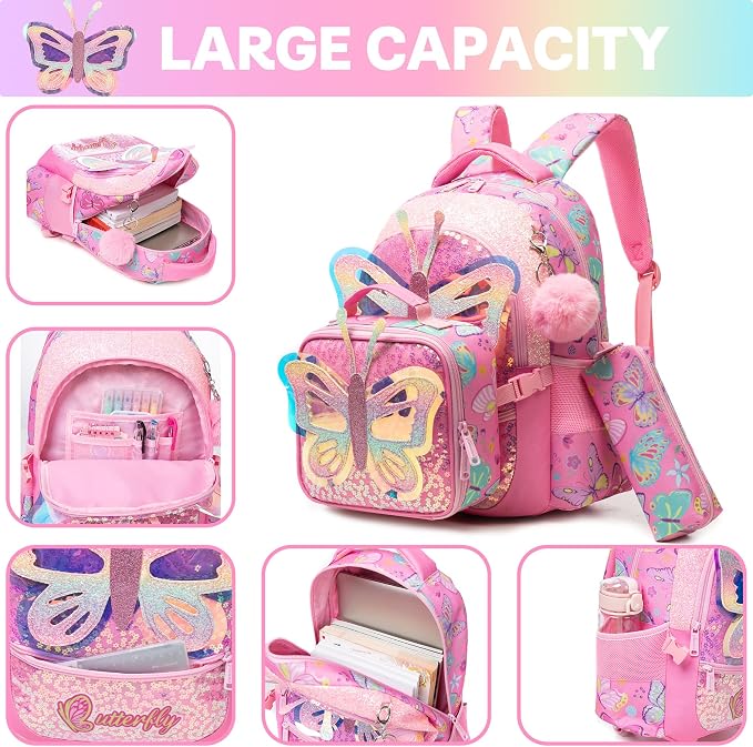 Meetbelify Backpacks for Girls School Backpacks with Lunch Box Pencil Case for Elementary Students Ages 8-10 Kids Travel Backpack 3 in 1 Backpack Set for Girls Butterfly