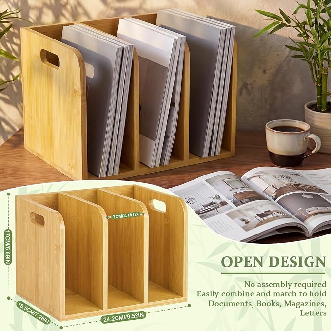 Novabright Bamboo File Magazine with Handle Holder Desk Organizer, 3 Vertical Compartments Workspace Sorters for Magazines, Binders, Notebooks, Envelopes