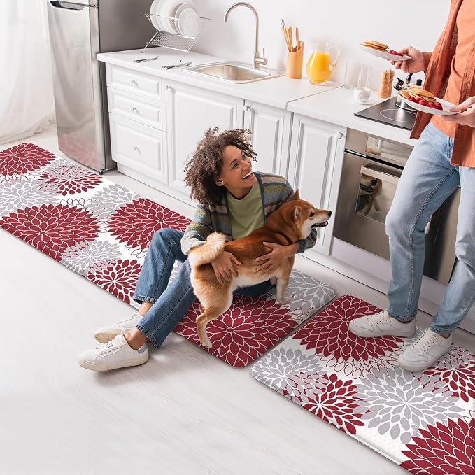 KIMODE Kitchen Rugs and Mats Cushioned Anti Fatigue 2PCS Standing Mat | 17"x59"+17"x29",Floral,Red,Non-slip,Waterproof,Kitchen Runner Rug,Comfort Foam Paded Mat for Floors Office Laundry Sink
