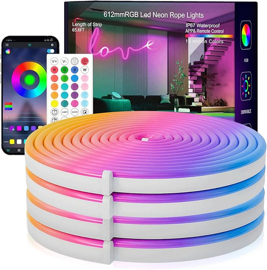 Neon Rope Lights, 65.6FT RGB LED Strip Lights, Waterproof IP67 LED Lights for Bedroom, DIY Design, Music Sync, 44 Key Remote Control, Multiple Modes for Bedroom, Holiday Decoration