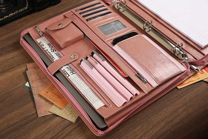 Pink Leather Padfolio for Women, Business Leather Binder 3 Ring Portfolio, Personalzied Leather Portfolio Binder, Zippered Portfolio Organizer for A4 Letter Size Notepad & 13-inch Laptop/Tablet