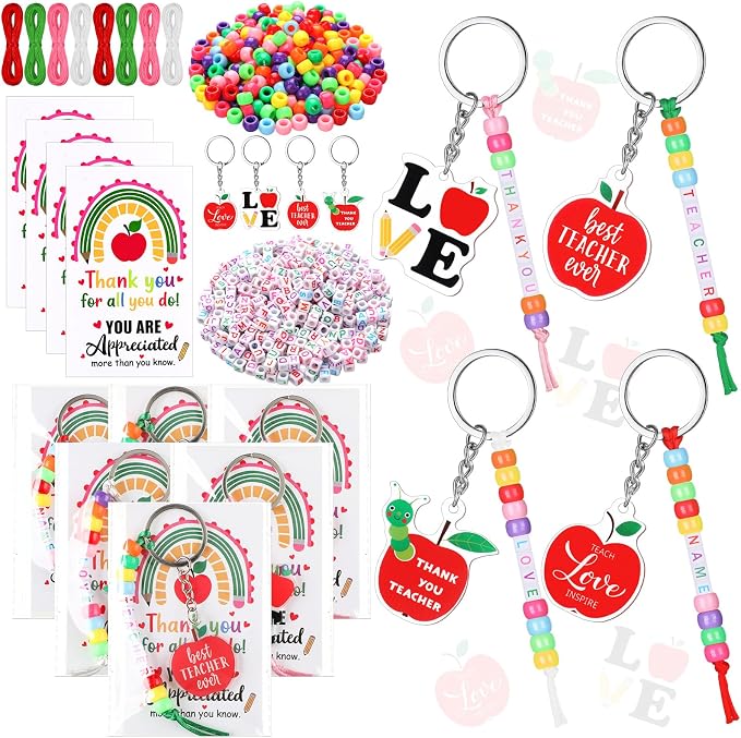 Suncalla 984 Pcs 24 Set Teacher Keychain Making Kit Teacher Charm Gifts Crafts DIY Cute Apple Beads Key Chain Thank You for All You Do Cards Strings Kit Back to School Gift First Day of Party Favors