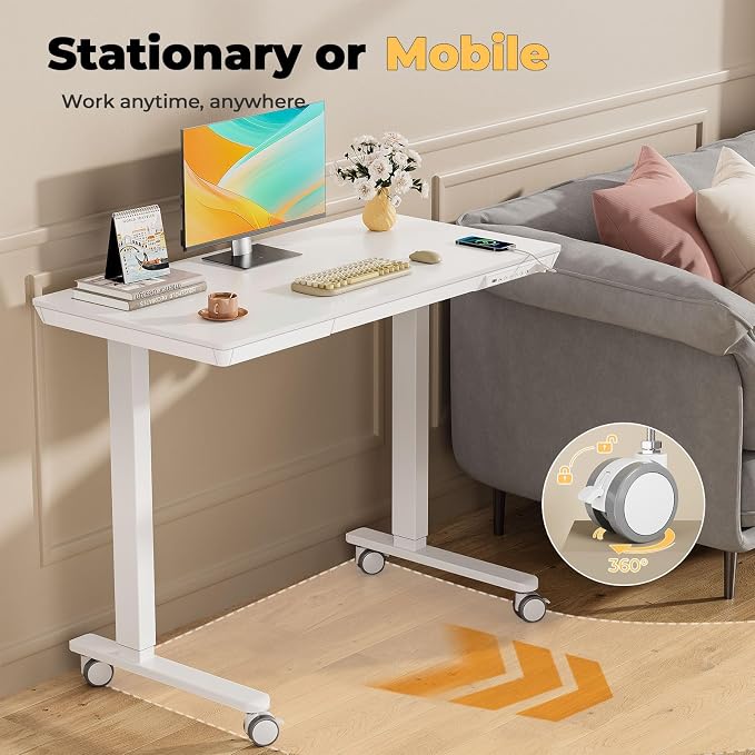 Electric Standing Desk with Drawer, 40" x 20" Whole Piece Tabletop Samll Sit Stand Desk, Height Adjustable Desk with Storage & USB Ports, Quick Install Home Office Computer Desk, White