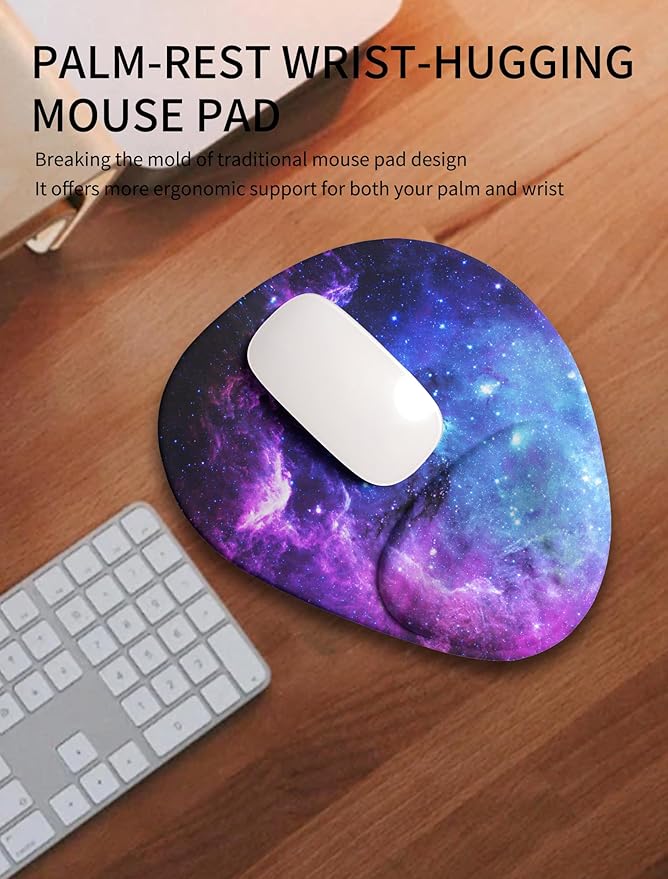 Palm-Rest and Wrist-Hugging Mouse Pad Wrist Rest, Ergonomic Wrist Support with Curve Fitting Cushioned Memory Foam for Carpal Tunnel Pain Relief, 9.9 x 8.3 Inch, Galaxy