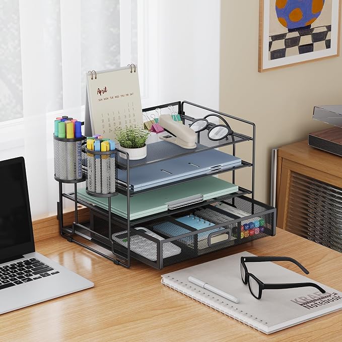 Marbrasse Desk Organizer, 4-Tier Paper File Letter Tray, Black | Sturdy Paper Tray, File Holder, Built-in Drawer, 2 Pen Slots, fits Letters/Files, for School Home Office Supplies