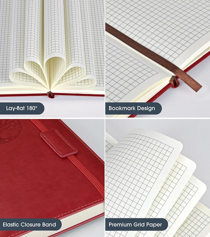 Biuwory Graph Paper Notebook Journal for Women Men,140 Pages Hardcover Grid Notebooks for Work & School,Leather Journals for Writing, Graphing Paper Notebook 5.7"×8.3" (Winered)