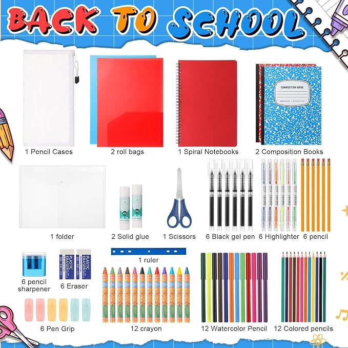 Gilprop 1 Set 2026 School Supplies Kit, 47 Pcs Per Set Back to School Supplies Primary Middle College Bundle Essential Stuff Bulk Pen Notebook Stationery for Kid Student Girl Teen Classroom Boy
