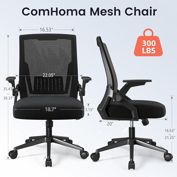 COMHOMA Office Chair with Flip-up Armrests Ergonomic Computer Desk Chair with Adaptive Lumbar Support & Breathable Mesh, Black