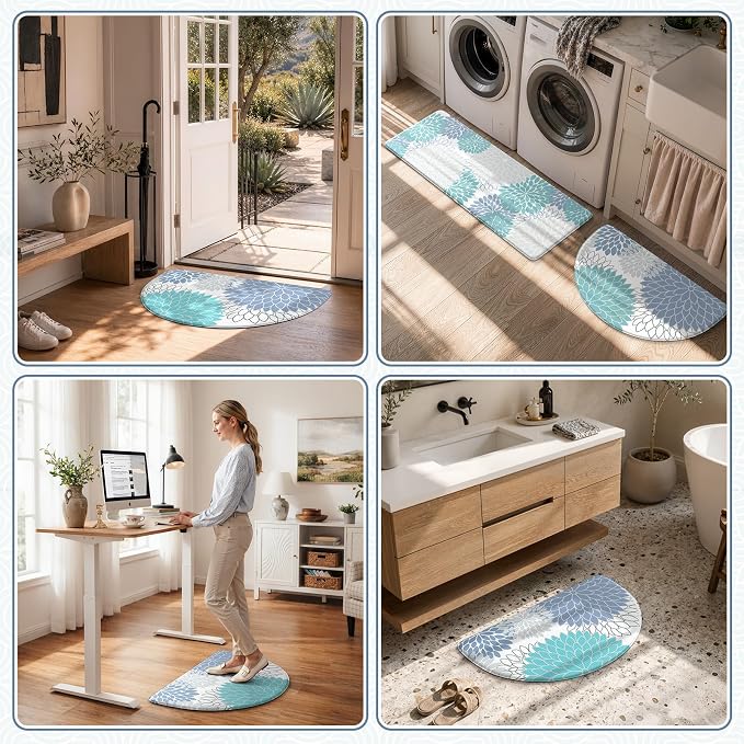 KIMODE Half Circle Anti Fatigue Mats for Kitchen Floor Rug Sets of 2 | 18"x28+18"x47",Blue White,Dahlia Floral Boho,Kitchen Rug 2pcs,Non Slip,Waterproof,for Sink Office Laundry Bathroom Decor