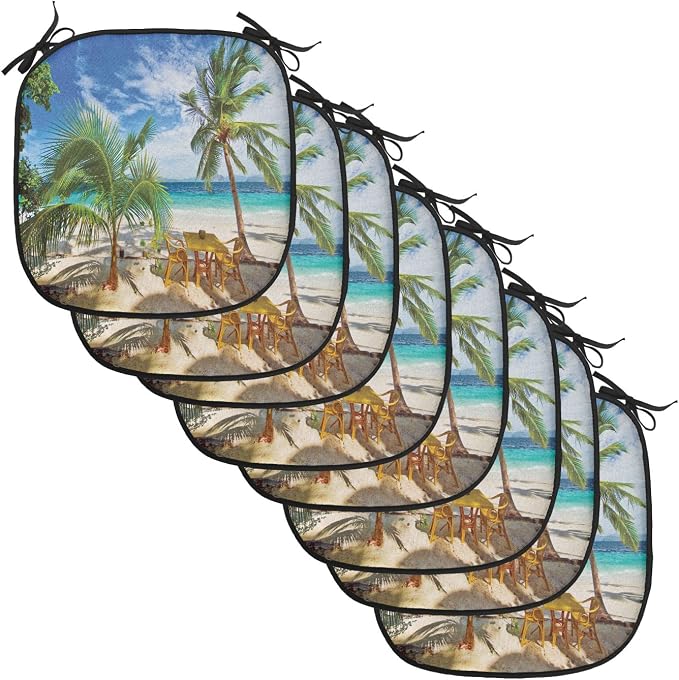 Lunarable Coastal Chair Cushion Pads Set of 8, Dining in Beach Under The Sun Rays Palm Trees Shadows Shades Vacation Image, Anti-Slip Seat Padding for Kitchen & Patio, 16"x16", Green Blue Ivory