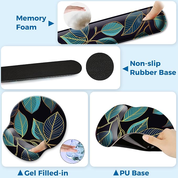 Mouse Pad and Keyboard Wrist Rest Support, with Non-Slip PU Base,Gel Mouse Pad with Coaster,Pain Relief for Gaming, Computer,Office -Golden Leaves