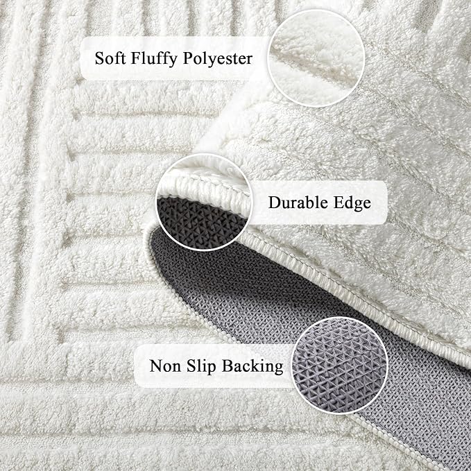 SHACOS Soft Cozy Fluffy Arch Pattern Runner Rugs 2x10 Cream White | High Low Pile Non Slip Washable Minimalist Area Rug Runner Modern Carpet for Living Room Bedroom Bathroom Hallway Kitchen