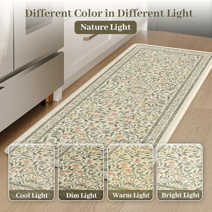 KIMODE Anti Fatigue Kitchen Mats for Floor, Boho Floral Kitchen Rugs Sets of 2, Cushioned Kitchen Floor Mats Non Slip, Comfort Spring Rugs for Kitchen Floor Sink Laundry Desk Beige 17.3"x29"+17.3"x47"