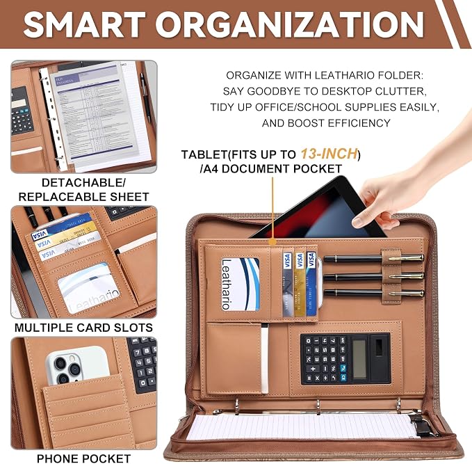 Leathario Portfolio Binder, Includes 5 Sheet Protectors and a Pen, 13 Inch Tablets Organizer, Vegan Leather A4 Padfolio, Multi-Pocket Notepad Business Planner Professional Document