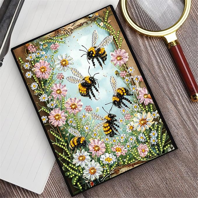 FRANDEK Diamond Art Painting Notebook Kit for Adults, Bee Flowers A5 PU DIY Journal with 50 Blank Pages, Crystal Rhinestone Beginner Craft Set with Full Tools, Gifts For Back To School Students