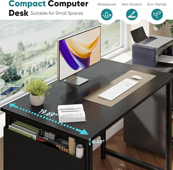 OLIXIS Small Computer Desk, 40 Inch Home Office Desks, Writing Study Craft Work Gaming Table, Computer Workstation for Bedroom Small Spaces with Storage Bag and Headphone Hook, Black