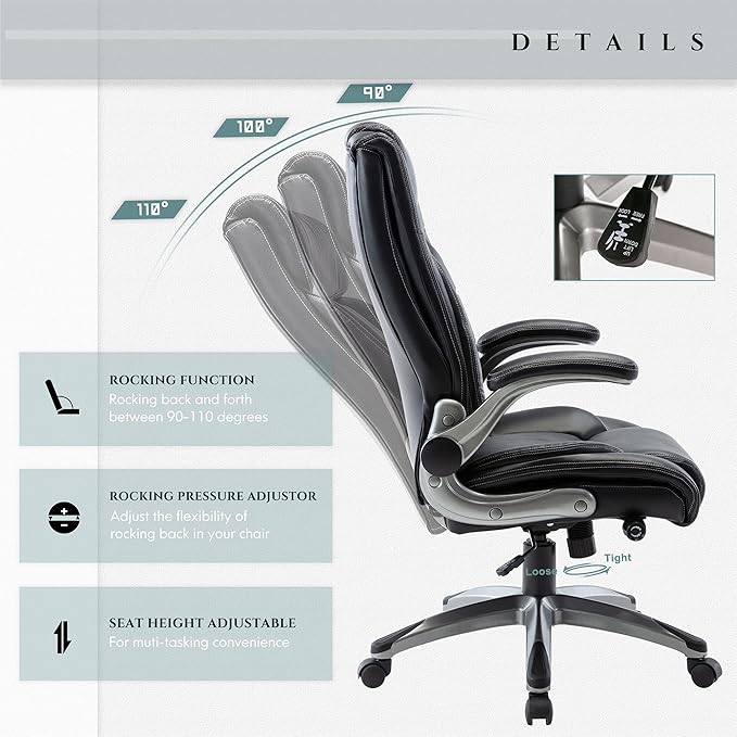 COLAMY Office Desk Chair, Ergonomic Computer Chair with Padded Flip-Up Arms and Thick Cushion, Leather Office Chair with High Back Adjustable Height and Tilt for Working for Working, Study, Gaming