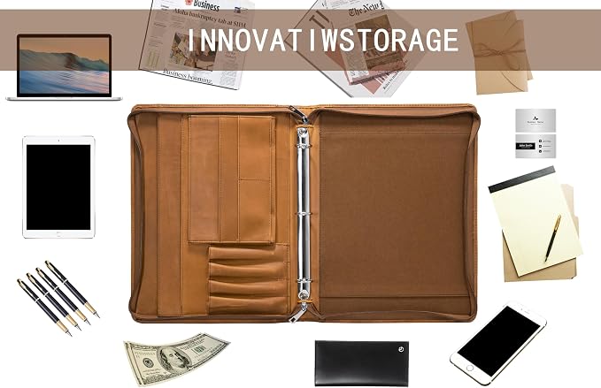 AZXCG Men's Genuine Leather Business Portfolio, Zippered Padfolio Organizer 3-Ring Binder, Organized Portfolio with Pen Rings, Business Card Holder, File Pocket, Holds 99% of iPad and Kindle Fire.