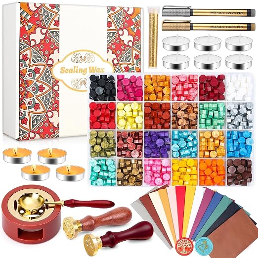 Paxcoo Sealing Wax Kit with Wax Seal Beads, Stamp, Warmer, Spoon, Envelopes for Letter Sealing