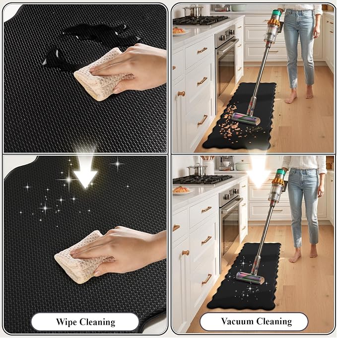 KIMODE Scalloped Kitchen Mats for Floor Cushioned Anti Fatigue Black Wavy | Paded Kitchen Floor Mat Non Slip,Farmhouse Kitchen Rugs Sink Sets of 2 Comfort Memory Foam Carpet for Office Laundry Dorm RV