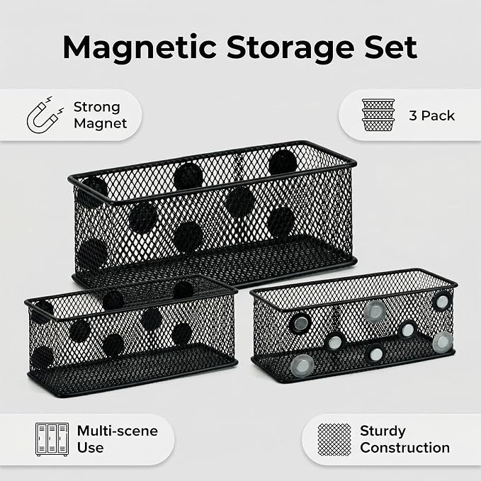 Neudeco Magnetic Locker Organizer, Wire Mesh Storage Baskets, Black | Pack of 3, Magnetic Pencil Holder, For Dry Erase Markers, Fridge, Whiteboard, School Locker