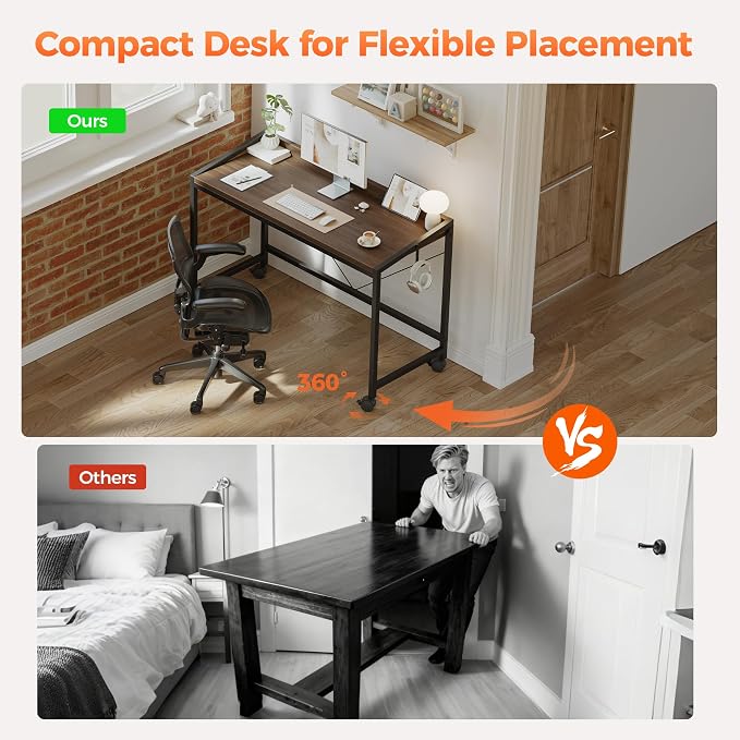 Mericonia 40 inch Rolling Computer Desk with Wheels, Gaming Desk for Small Spaces, Modern Simple Style Table for Home Office, Study Writing Table