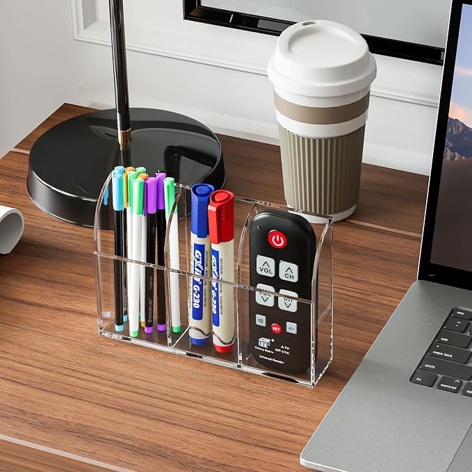 MaxGear Wall Marker Holder & Remote Control Organizer 3-Compartment | Clear Acrylic Dry Erase Board Marker & Pen Holder for Wall Mount, Includes Adhesive & Screws for Home/Office/Classroom