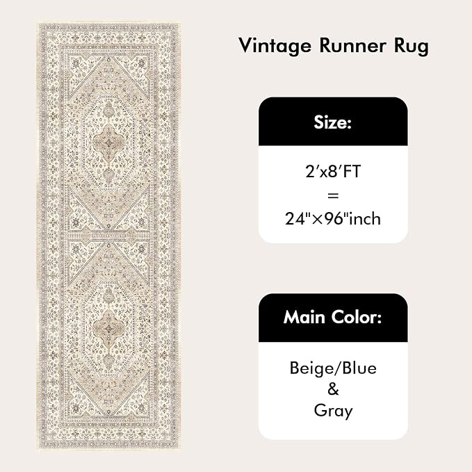 2x8 Runner Rug for Hallway Washable: Non Slip Kitchen Rugs with Rubber Backing Soft Waterproof Wide Mats Stain Resistant Low Pile Carpet for Entryway Bedroom Bathroom Laundry Home Decor Beige/Gray