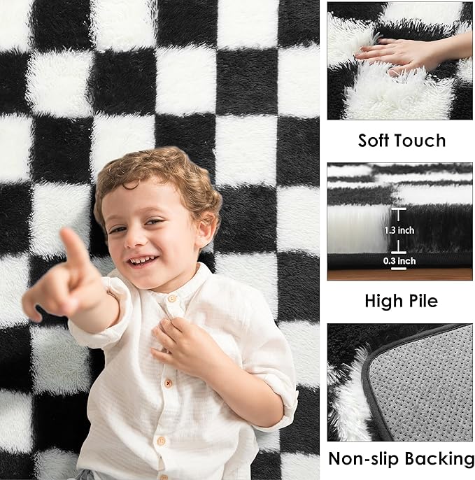 KICMOR Small Rug for Bedroom, 2x3 Fluffy Soft Black and White Checkered Rug Fuzzy Shaggy Bedside Carpet, Indoor Furry Plush Small Throw Rug for Living Room Nursery Kids Girls Boys Room Home Decor