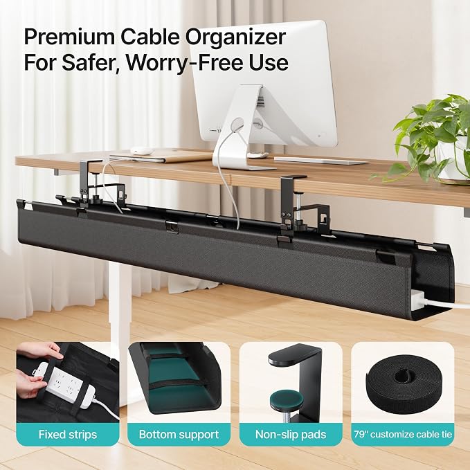 No Drill Under Desk Cable Management Tray, 47.2" Fabric Organizer | Clamp/Screw Premium Mount Cord Holder, for Power Strips, Adapters, with 2 Hooks & 1 Tie Roll for Home Office Gaming, Black