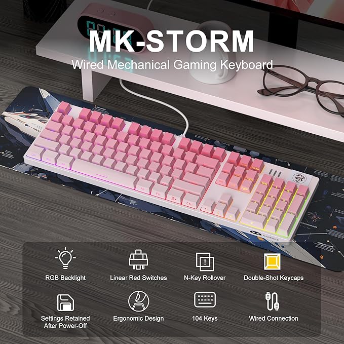 MageGee MK-Storm Mechanical Gaming Keyboard, 104 Keys Wired Light Up Keyboard with Linear Red Switch, RGB Backlit, Side Printed Keycaps, N-Key Rollover for Laptop, Desktop, PC (Gradient Pink)