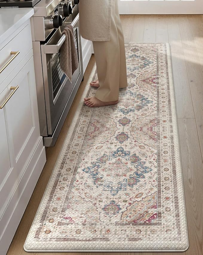 Color&Geometry Kitchen Floor Mat 24x87 Faded Vintage Anti Fatigue, Oatmeal | 0.4in Cushion Standing Mat For Cooking/Working/Laundry, Boho Decor, Non Slip PVC Kitchen Rug, Oil/Water Proof, Anti Slip