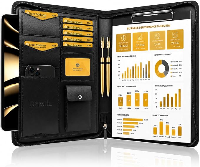 Darolin Vegan Leather Padfolio Portfolio with Zipper, Clipboard -Black | Professional Padfolio for Men Women, Business Resume Folder with Clipboard, Portfolio Bag, Padfolio Organizer for Work Travel