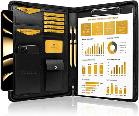 Darolin Vegan Leather Padfolio Portfolio with Zipper, Clipboard -Black | Professional Padfolio for Men Women, Business Resume Folder with Clipboard, Portfolio Bag, Padfolio Organizer for Work Travel