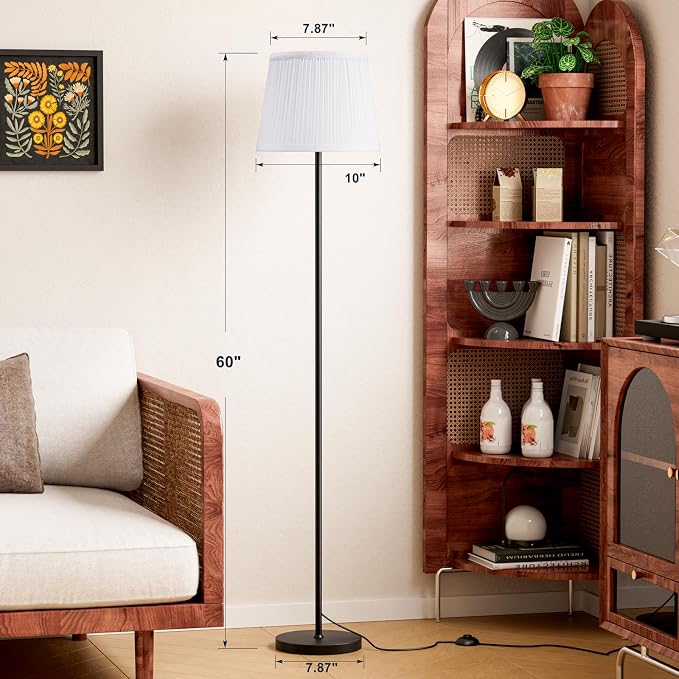 Ambimall 60'' Modern Floor Lamp with Shade, Tall Lamps for Living Room, Bedroom, Office, Dining Room, Pleated Fabric White Lampshade(Without Bulb)