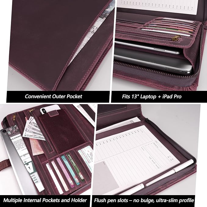 JinRuiKJ Leather Portfolio with Zipper, Professional Business Organizer for Men Women, Executive Resume Folder with A4 Notepad Holder, Card Slots, Pen Loop, 10x13'', Luxury Gift Set (Purple)