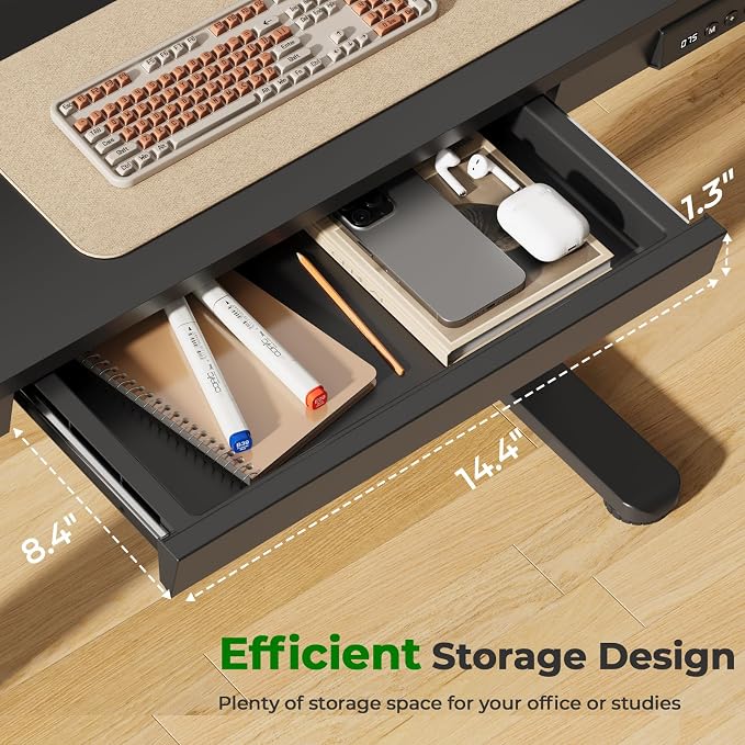 Electric Standing Desk with Drawer, 35" x 20" Whole Piece Tabletop Small Sit Stand Table, Height Adjustable Desk with Storage & USB Ports, Quick Install Home Office Computer Desk, Black